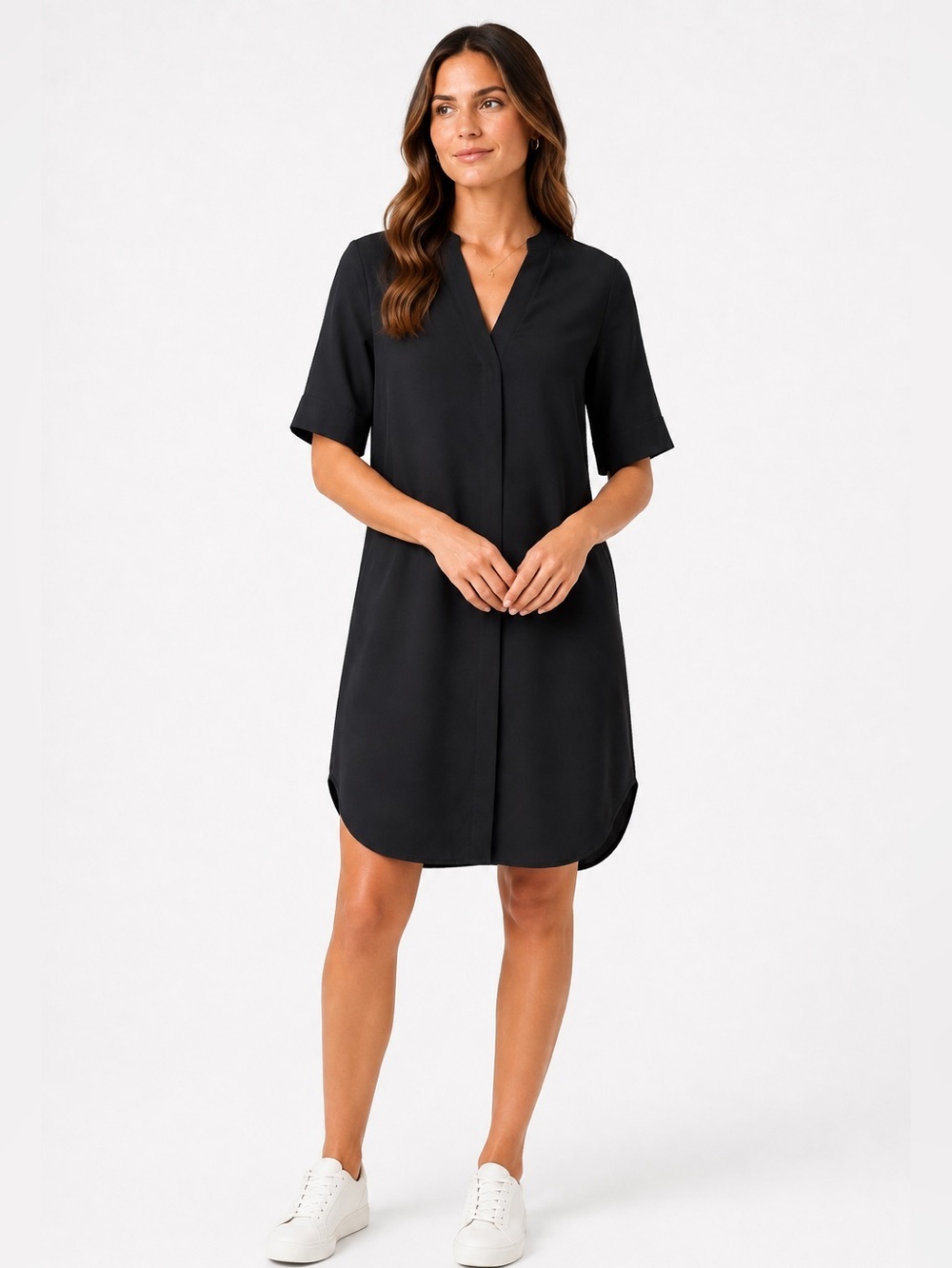 Oak + Fort women's black short sleeves button down V-neck shift dress size S